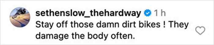 Comment from Pink's husband warning about dirt bike dangers after graphic post-surgery picture following bike accident.