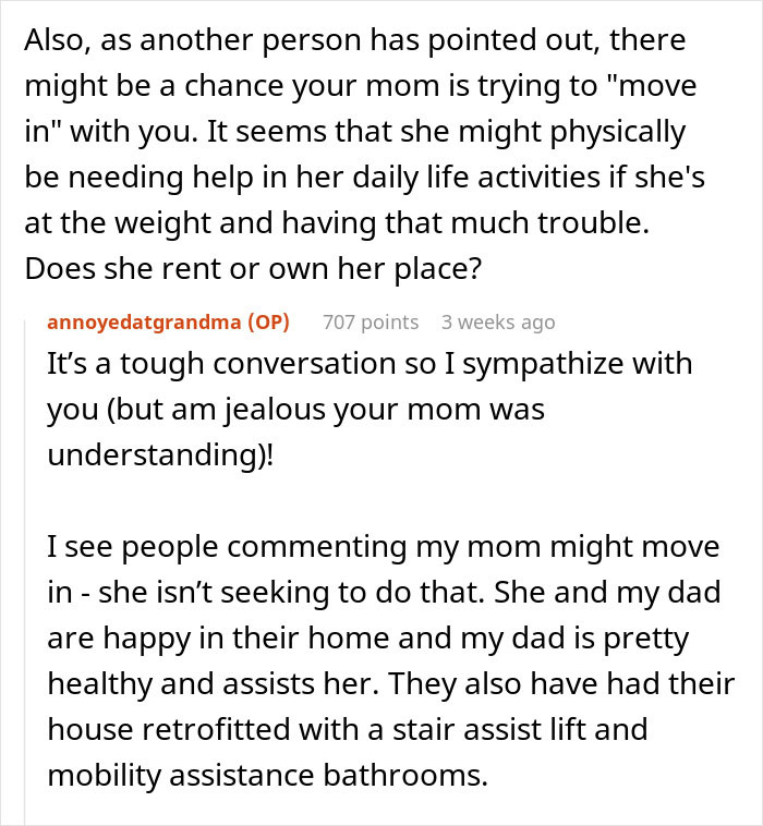 Text screenshot showing a Reddit discussion about an obese mom and caregiving needs, related to fat shaming concerns. Text screenshot showing a Reddit discussion about an obese mom and caregiving needs, related to fat shaming concerns.