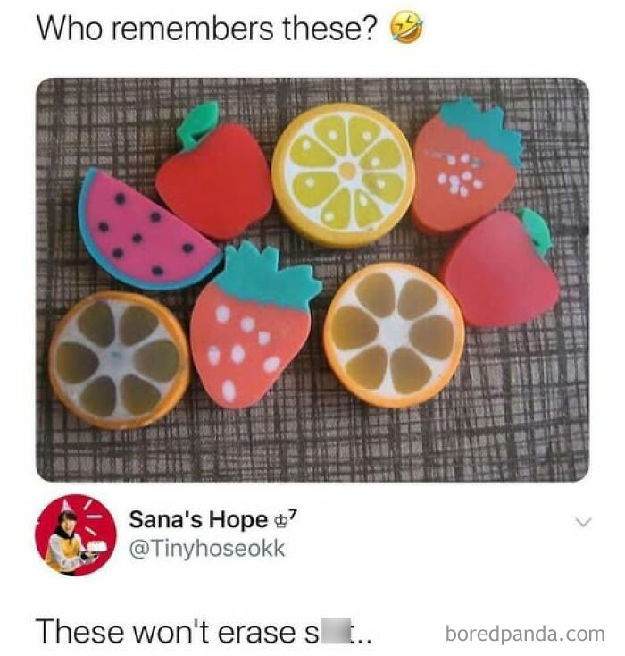 Colorful fruit-shaped erasers on a table, shared as a funny meme to improve your day with daily laughs.