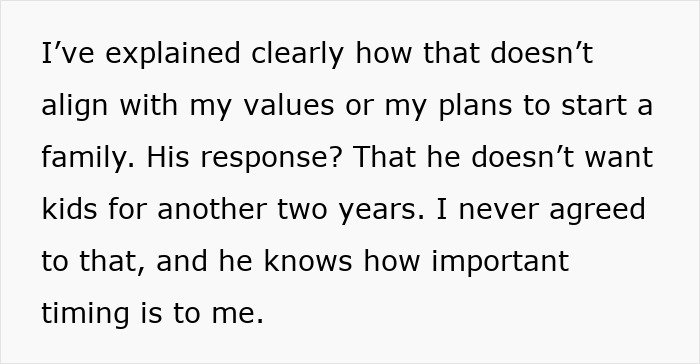 Text showing a conversation about a guy refusing to change bad habits and delaying starting a family despite girlfriend’s concerns.