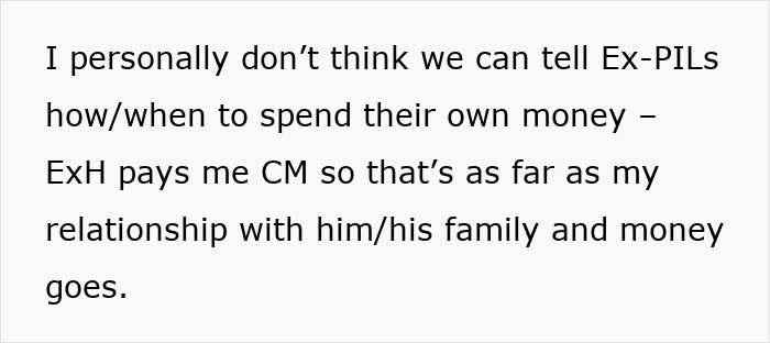 Text excerpt about ex-in-laws spending money on a child amid jealous grandparents unable to match generosity. Text excerpt about ex-in-laws spending money on a child amid jealous grandparents unable to match generosity.