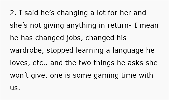 Text message excerpt about a man changing his lifestyle and losing gaming time with siblings due to his fiancé's demands. Text message excerpt about a man changing his lifestyle and losing gaming time with siblings due to his fiancé's demands.