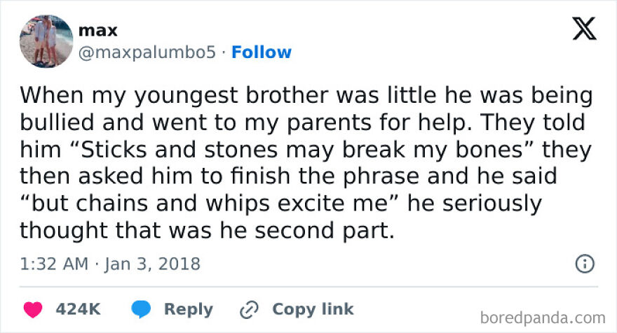 Tweet from comedian sharing a funny childhood story about bullying and a misunderstood phrase, widely shared on Twitter.