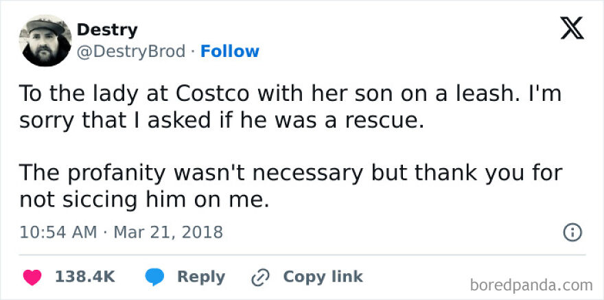 Funny Twitter post from comedian Destry Broderick about a lady at Costco with her son on a leash, shared in comedic style.