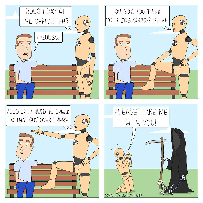 Comic by Daniel Matheson showing a humorous and heartwarming interaction between a man, mannequin, and death figure.