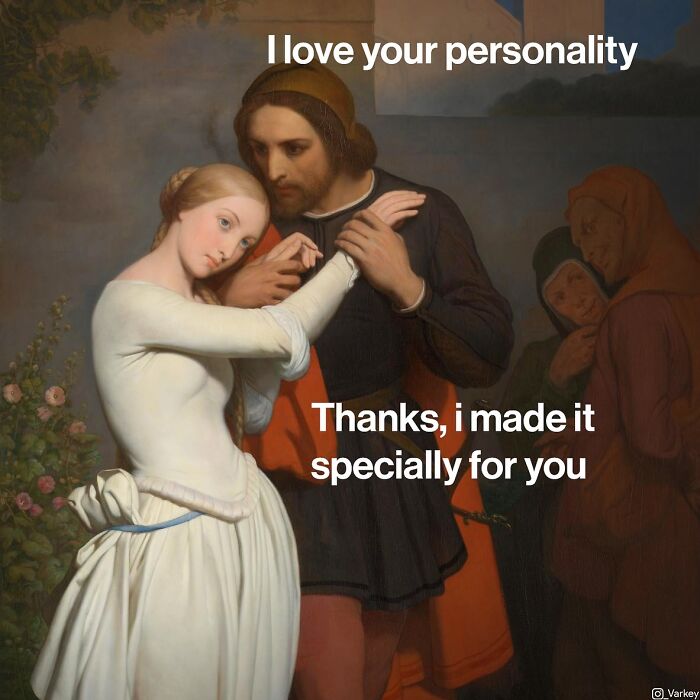 Classical art scene humorously blended with modern text, showcasing Varkey’s creative modern humor artwork.