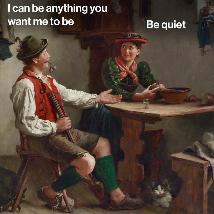 Man and woman in classical painting style with humorous text, blending classical art with modern humor by Varkey.