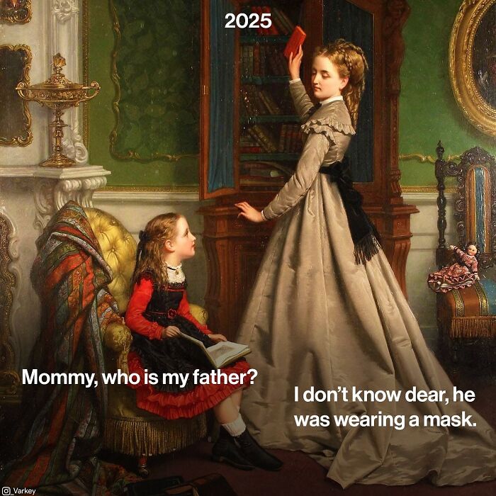 Classical art scene with modern humor showing a Victorian woman and child in a vintage room, blending classical art with modern humor.