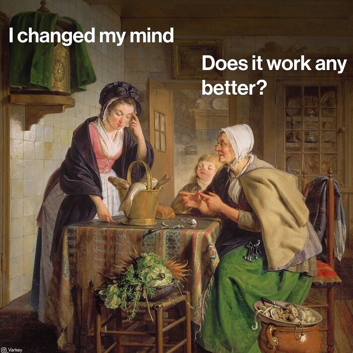 Classical art scene with modern humor showing two women in a kitchen, blending classical art with modern humor by Varkey.