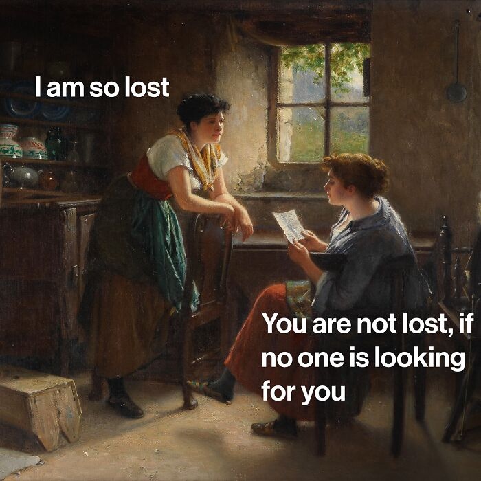 Classical art scene with modern humor text overlay, blending classical art with modern humor by Varkey.