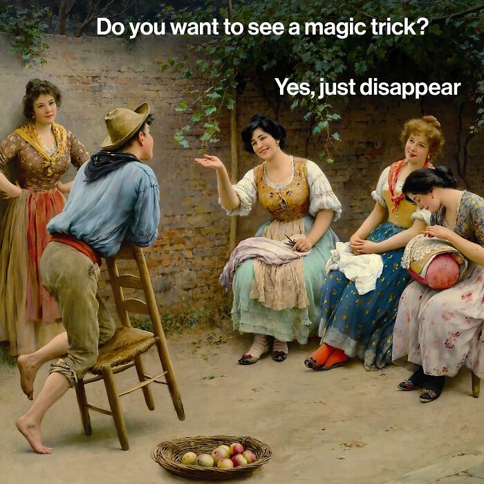 Classical art scene with modern humor showing a magic trick in Varkey’s creative blending artwork.