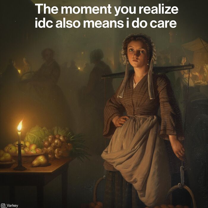 Young woman in classical art style with modern humor text overlay blending classical art with modern humor by Varkey.