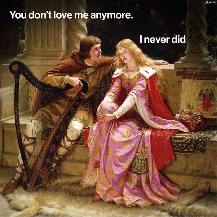 Classical art blended with modern humor showing a medieval couple in conversation, showcasing Varkey's creative art style.