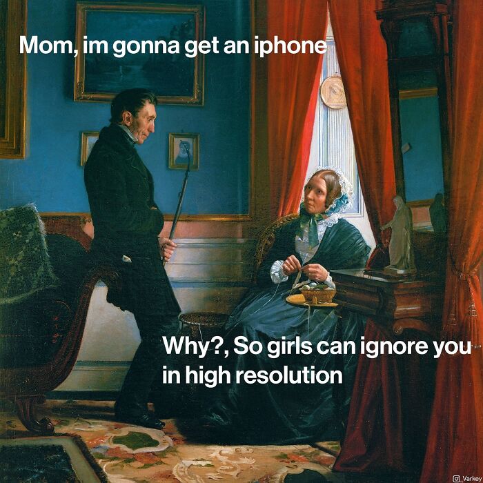 Blending classical art with modern humor, man tells woman he's getting an iPhone to impress girls in high resolution.