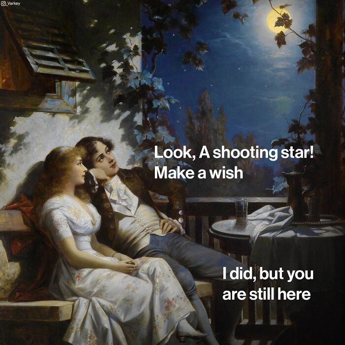 Classical art scene with a couple under moonlight, blending classical art with modern humor by Varkey.