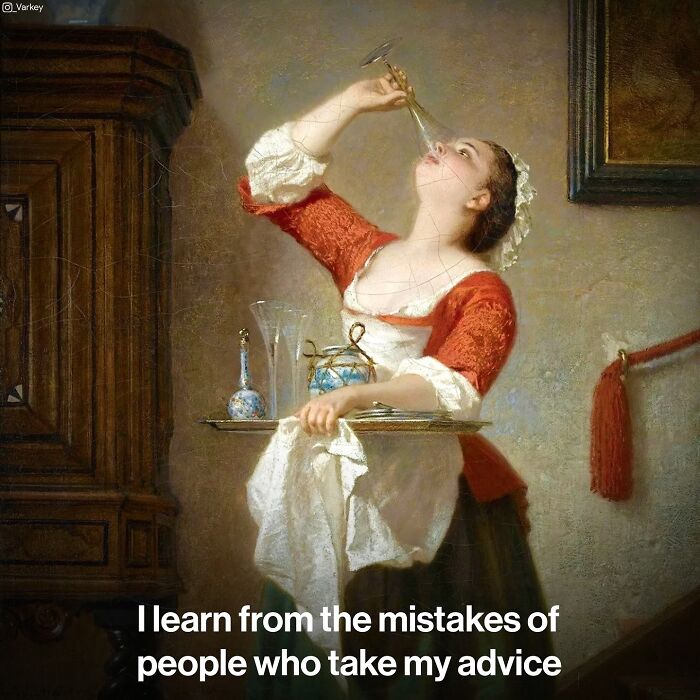 Woman in classical-style dress drinking from a glass, blending classical art with modern humor by Varkey.