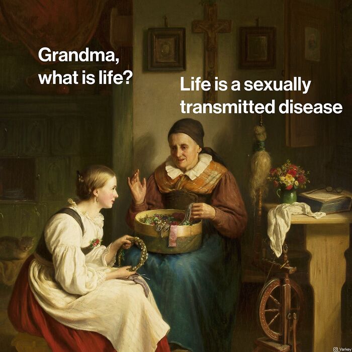 Classic art with modern humor showing a grandmother and granddaughter in a room, blending classical art with modern humor.