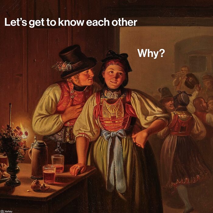 Classical art scene with two people in traditional clothing blending classical art with modern humor by Varkey