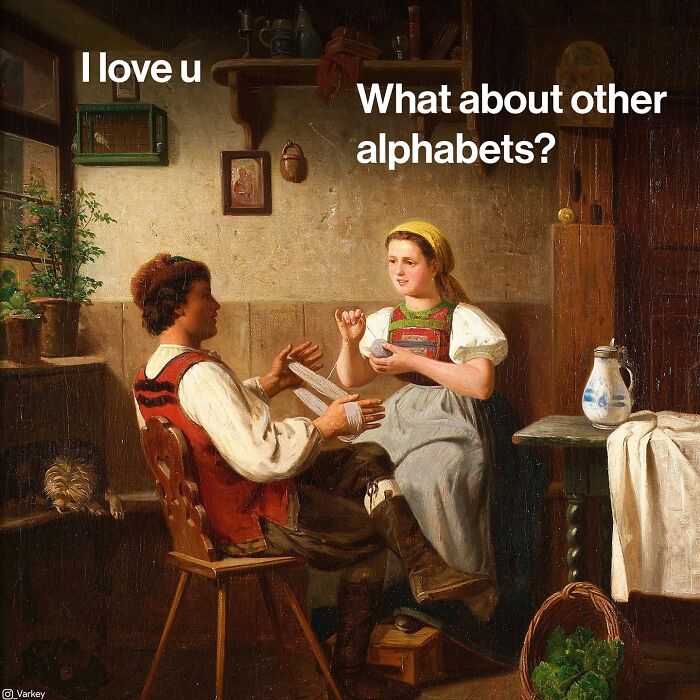 Classical art scene with modern humor showing two people using sign language in a cozy rustic interior.