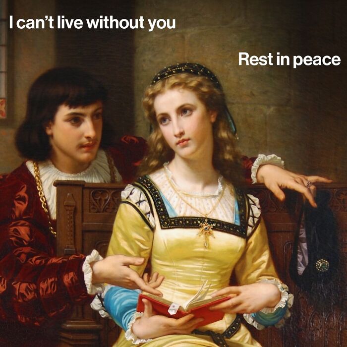 Classical art scene humorously blended with modern text showing a man and woman with contrasting emotions and captions.