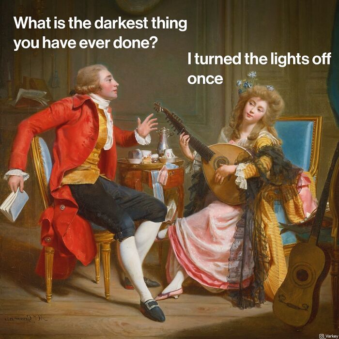 Classical art blended with modern humor showing a man in red coat and a woman playing lute in a witty conversation.