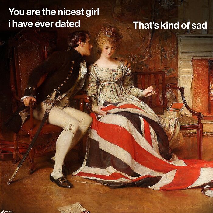 A classical painting humorously blended with modern humor featuring a couple in period attire and witty text.