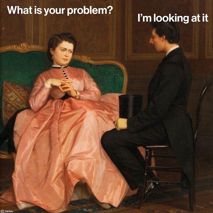 Classical art blended with modern humor showing a Victorian woman and man in a humorous conversation scene.