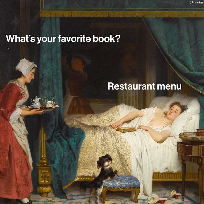 Classical art blended with modern humor showing a lady in bed and a maid asking about her favorite book.