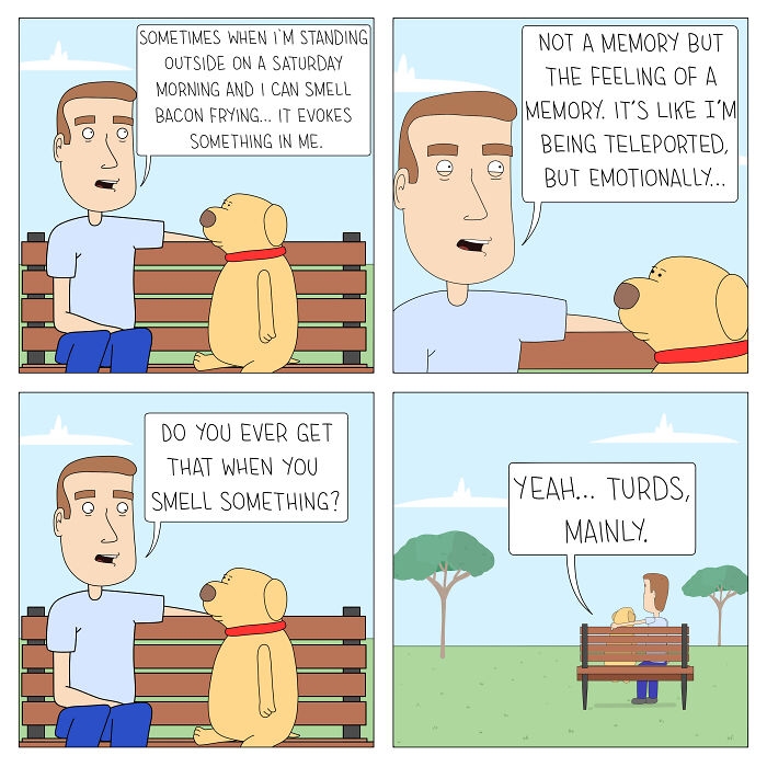 Comic by Daniel Matheson showing a man and a dog on a bench discussing nostalgic smells and funny memories.