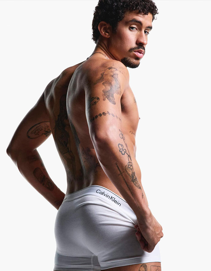 Male model with tattoos wearing revealing white Calvin Klein underwear posing against a white background. Male model with tattoos wearing revealing white Calvin Klein underwear posing against a white background.