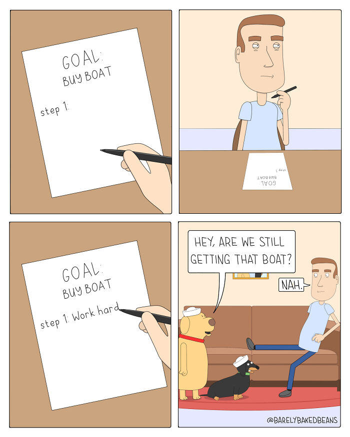 Comic by Daniel Matheson showing a man planning to buy a boat, then avoiding the effort while his dogs ask about it.