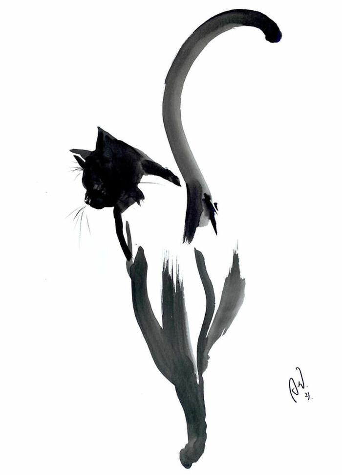 Minimalist black ink cat art with elongated tail, showcasing elegant brushstrokes and fluid motion cat art style.