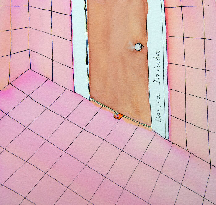 Watercolor cat art showing an orange paw peeking out from under a brown door on a pink tiled floor and wall.