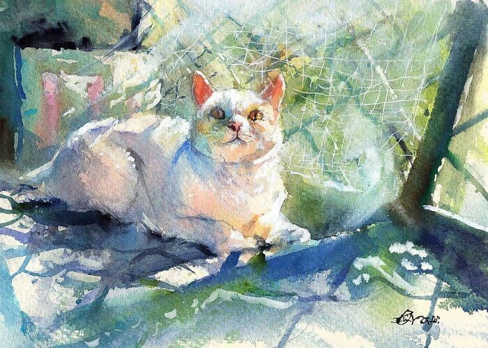 Watercolor painting of a white cat resting in sunlight, showcasing detailed cat art from the Bored Panda community.