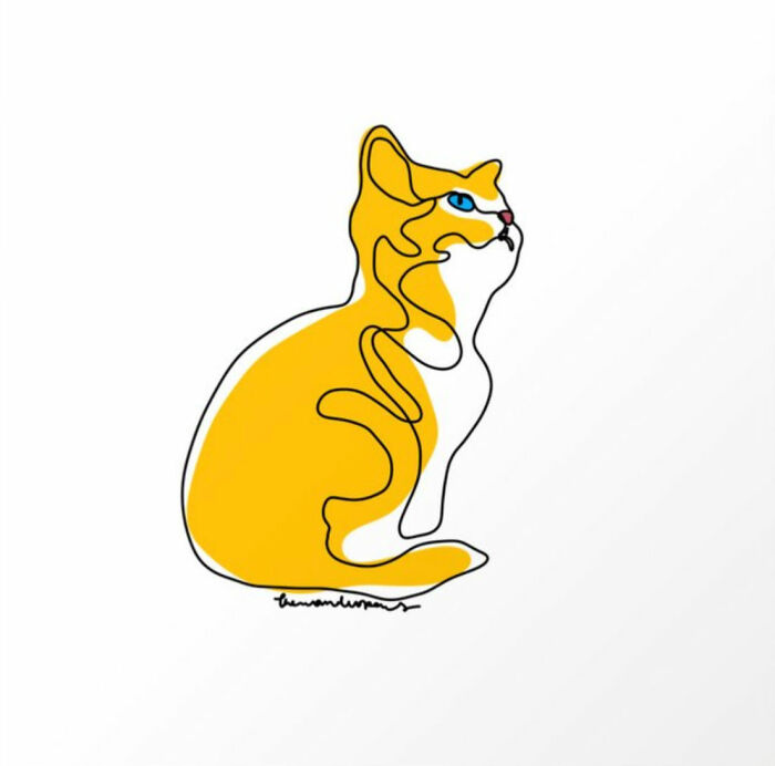 Minimalist cat art with bold orange and white colors, created in a continuous line style, showcasing unique cat art creativity.