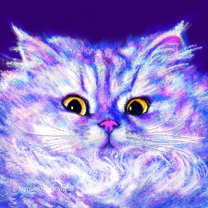 Vibrant cat art with bright yellow eyes and fluffy fur in shades of purple and blue from Bored Panda community artwork.