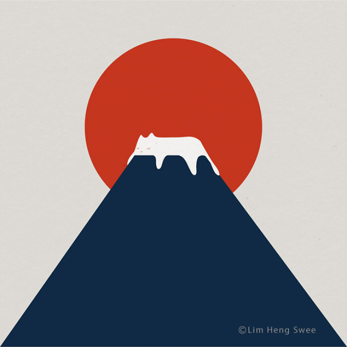 Minimalist cat art showing a white cat sleeping on top of a dark blue mountain with a large red sun background.