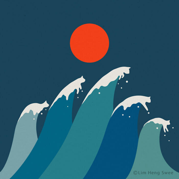 Stylized cat art featuring waves with cat-shaped crests under a bright red sun, showcasing creative cat art design.