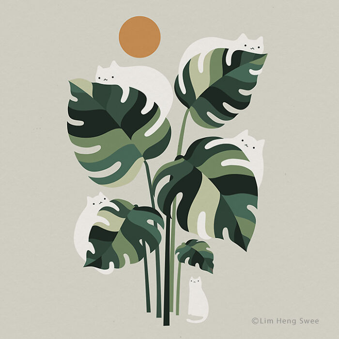 Minimalist cat art featuring white cats blending with large green leaves under a warm orange sun, showcasing creative cat art style.