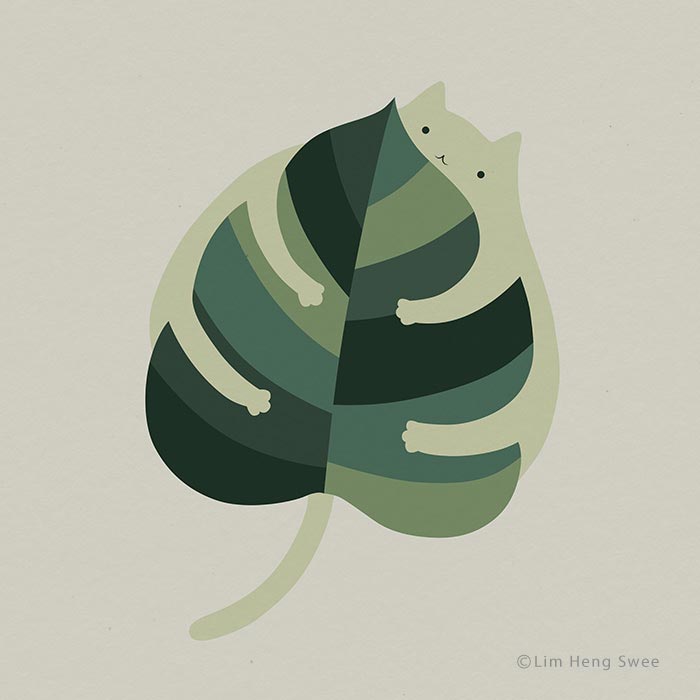 Minimalist cat art in green tones blending with a leaf design, showcasing creative cat art by the Bored Panda community.