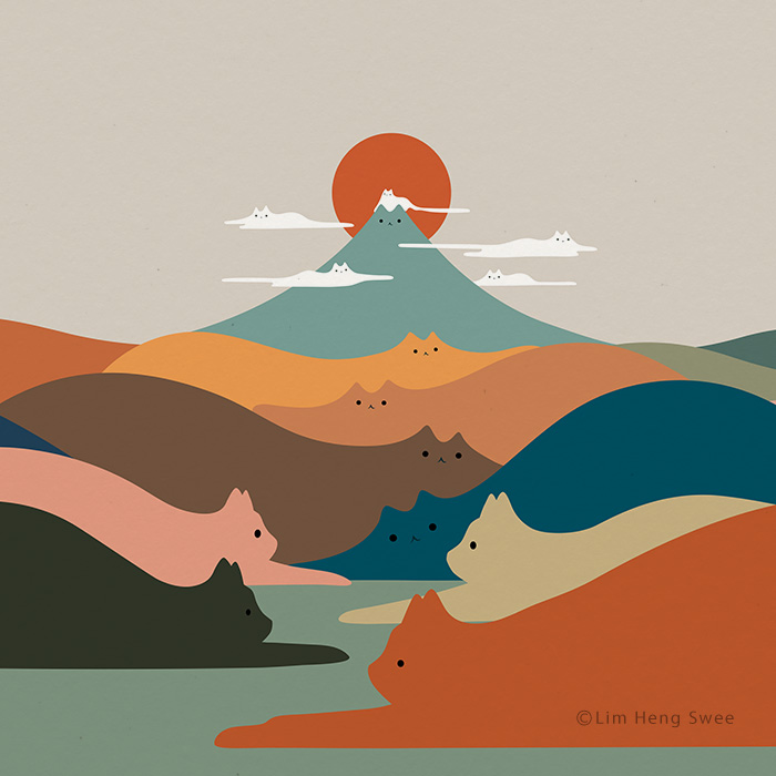 Abstract cat art illustrating mountains, clouds, and cats in warm earthy colors, showcasing creative cat art style.