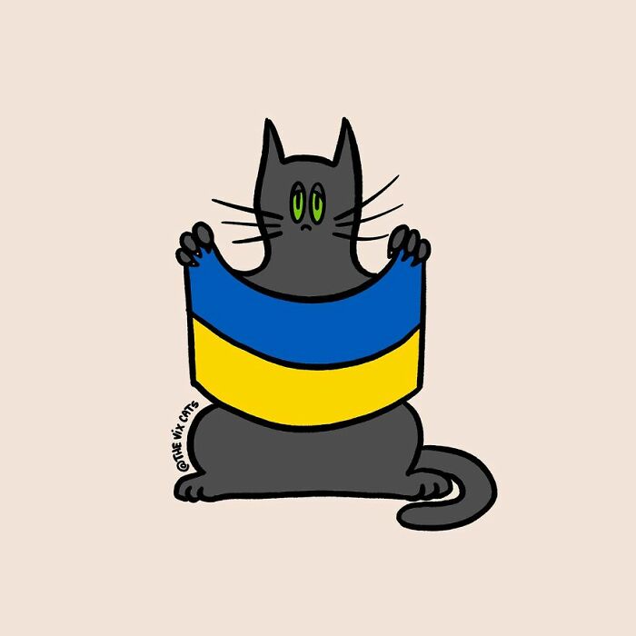 Black cat with green eyes holding a blue and yellow flag, simple cat art from the Bored Panda community collection.