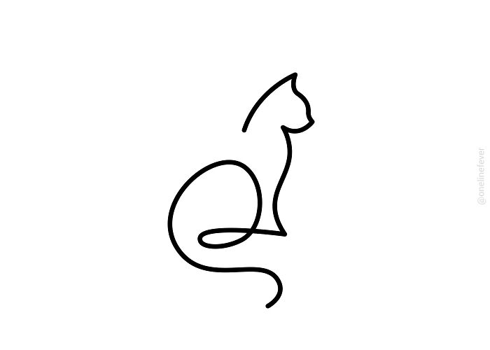 Minimalist black line art of a cat sitting with curled tail, showcasing creative cat art from the Bored Panda community.