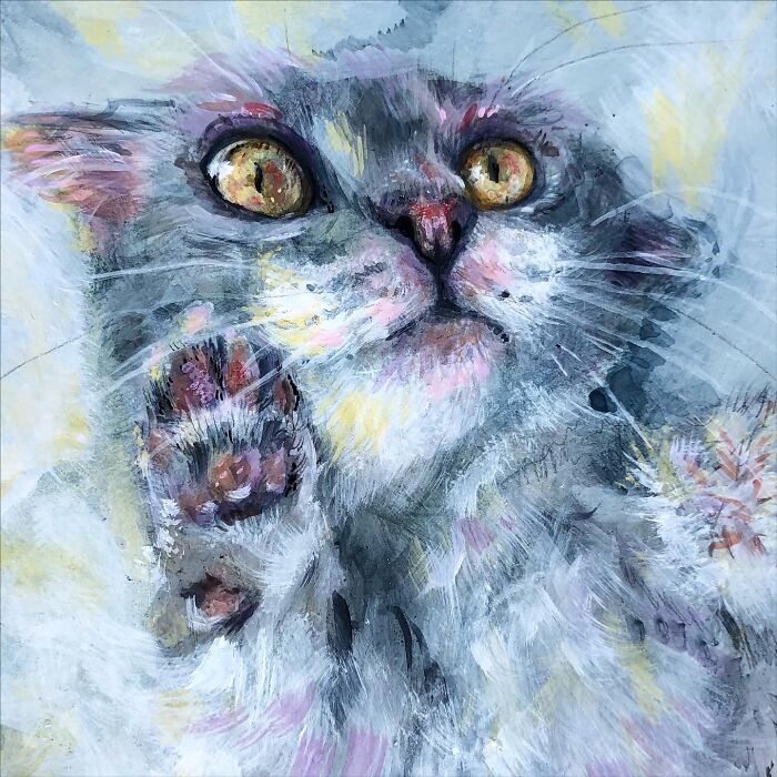 Expressive cat art painting capturing the charm and details of a gray cat with vivid eyes and raised paw.
