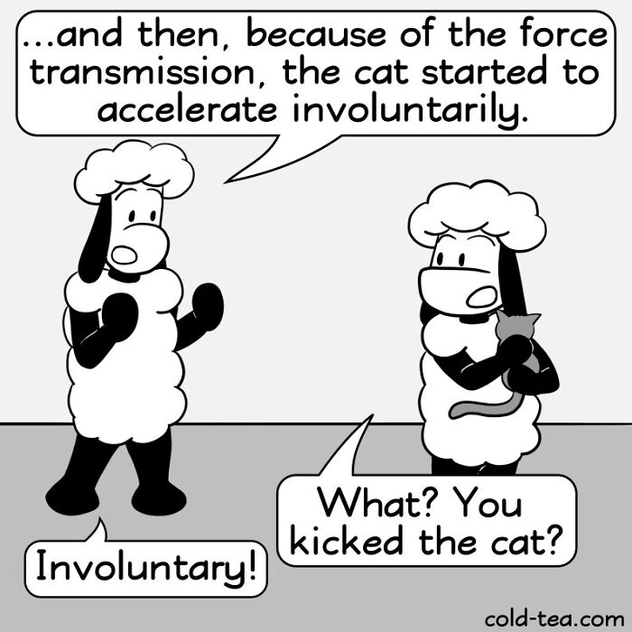 Two wacky sheep characters in a comic strip with dry humor discussing a cat accelerating involuntarily.