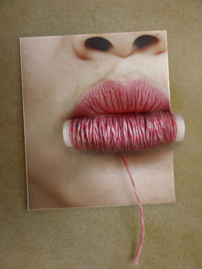 Close-up photo manipulation showing lips aligned with a spool of pink thread, blending human features with collage art.
