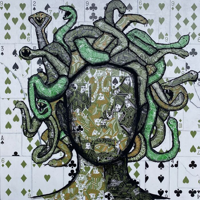 Medusa photo manipulation collage made from playing cards with detailed snake textures and card faces creating a striking visual effect.
