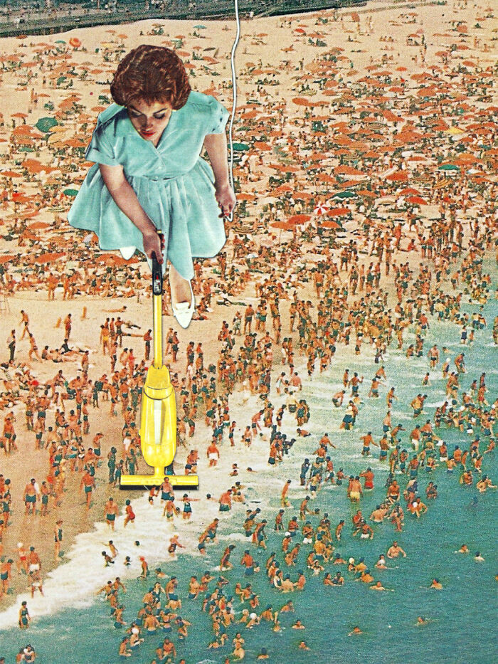 Surreal photo manipulation of a giant woman vacuuming a crowded beach filled with people near the water.