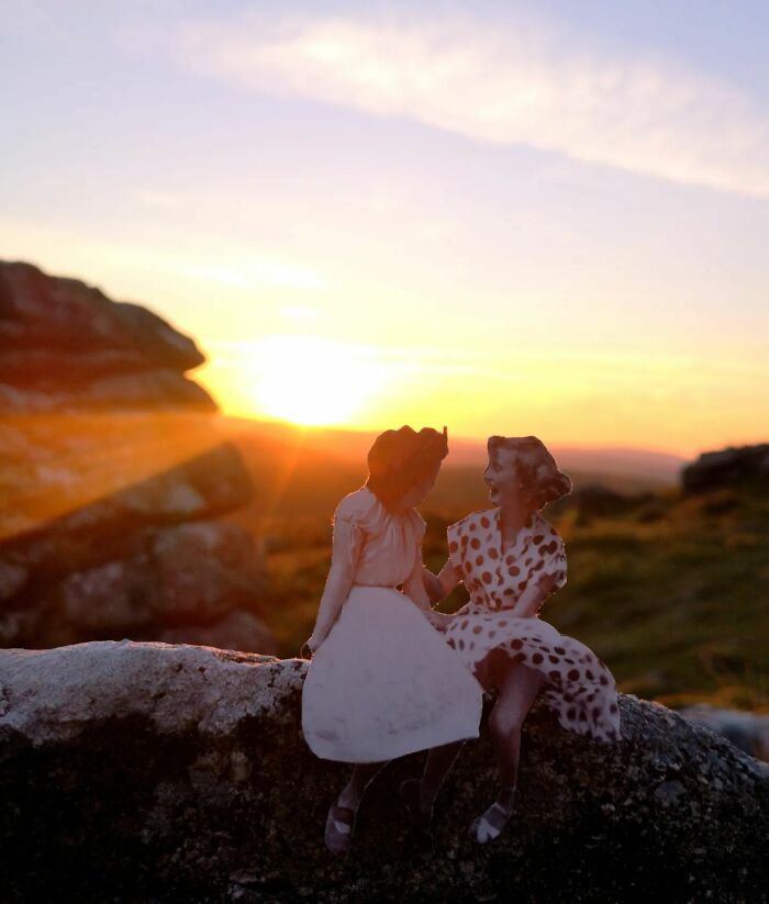 Photo manipulations showing two women in vintage dresses sitting on a rock at sunset with a scenic outdoor background.