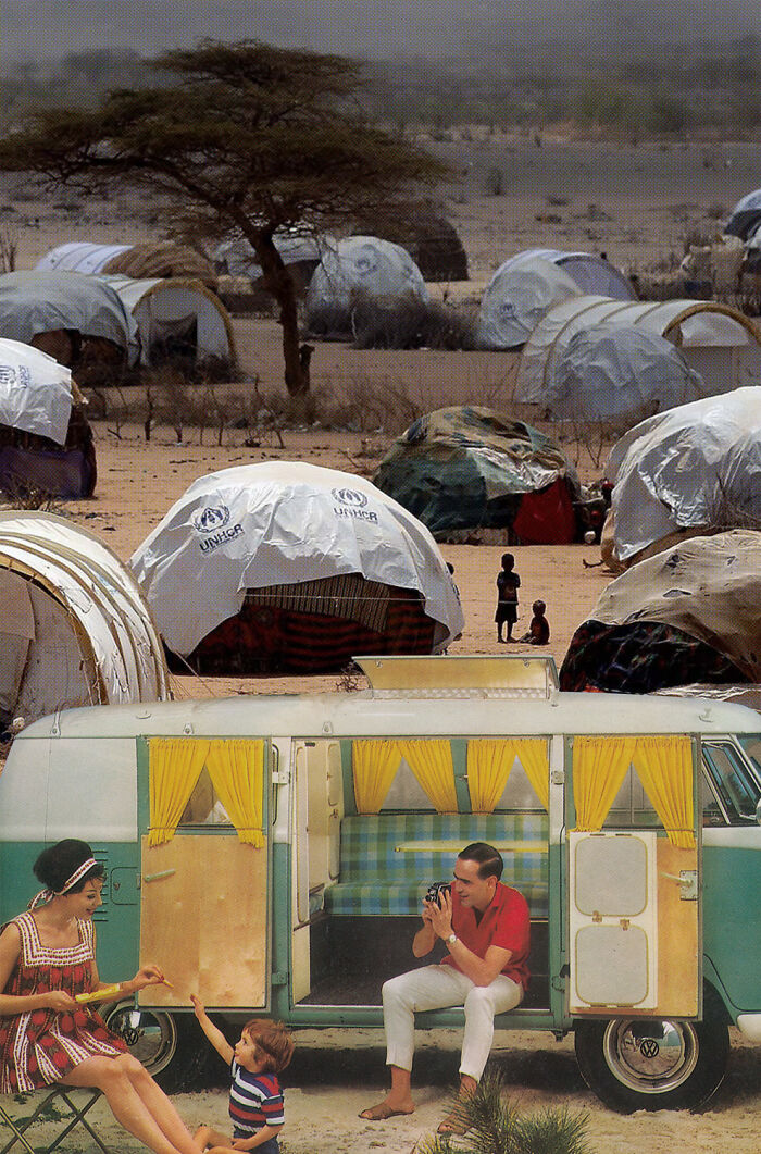 Retro family scene with photo manipulations of a camper van in a refugee camp setting, showcasing creative collages.